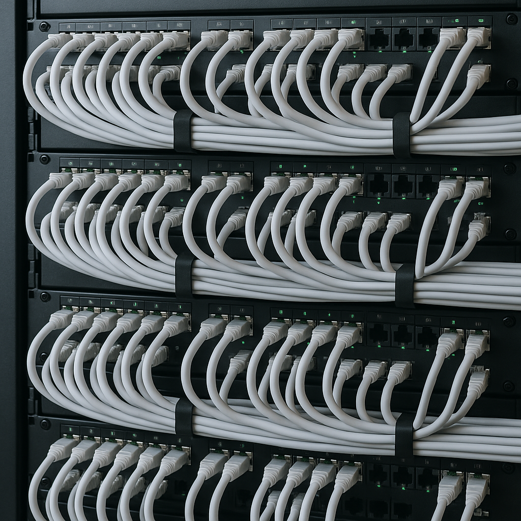 Strukturierte Datenverkabelung im Serverschrank mit professionell verlegten Netzwerkkabeln von M&amp;F Networks – zuverlässige IT-Infrastruktur für Unternehmen.